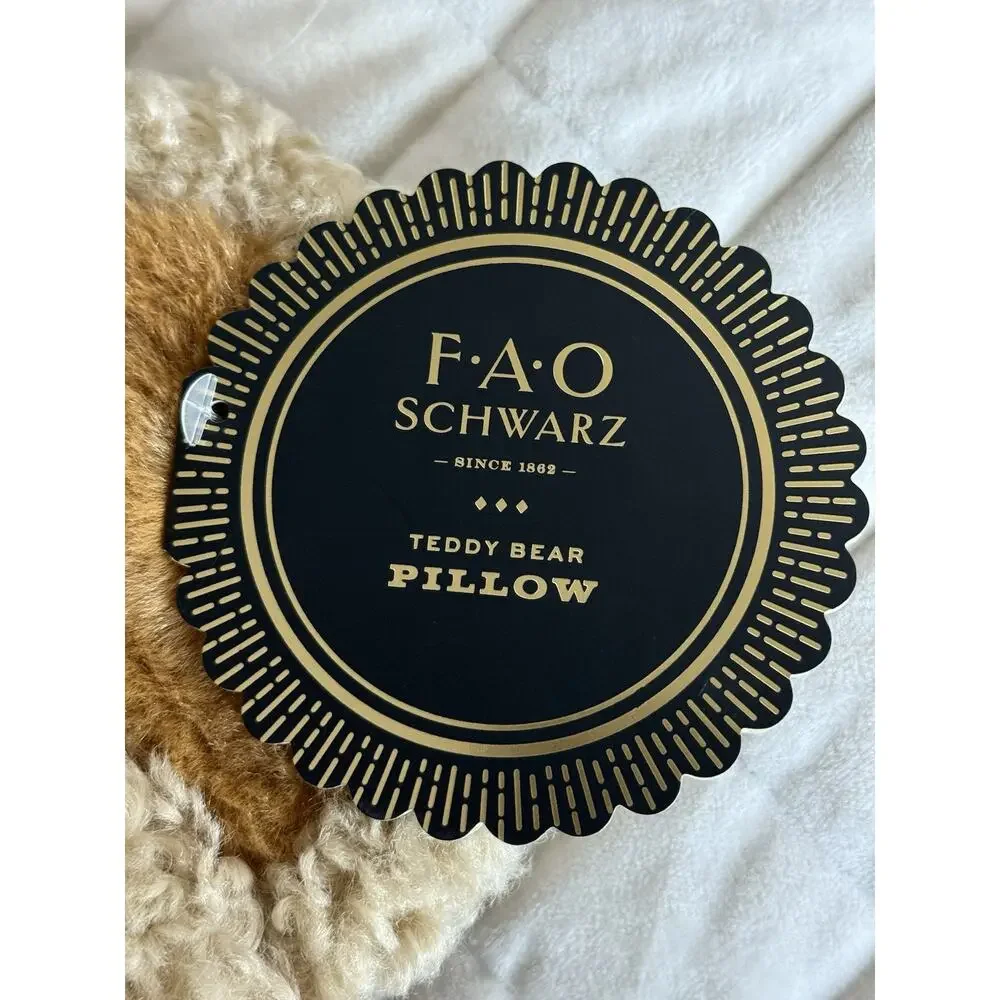 FAO SCHWARZ Brown Curly‎ Hair Teddy Bear Face Pillow NEW With Tags 20